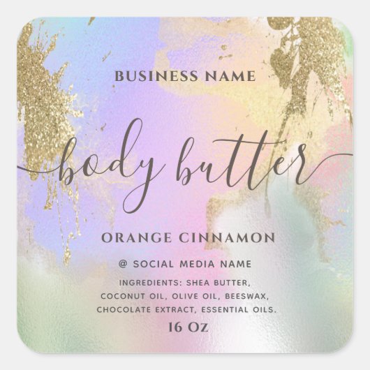 ホログラフィック液体グリッター金ゴールドモダンスクリプト スクエアシール (正面)