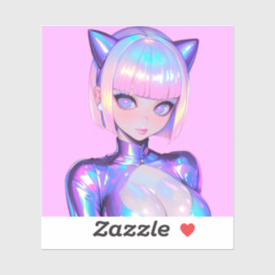ホログラフィック猫娘サイバーポップ肖像 シール
