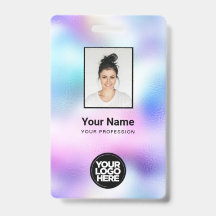 ホログラフィック社員の写真、バーコード、ロゴ、名前