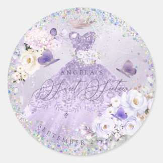 ホログラフィック紙吹雪Sweet sixteenパープルガウン ラウンドシール
