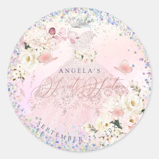 ホログラフィック紙吹雪Sweet sixteen赤面ピンクガウン ラウンドシール (正面)