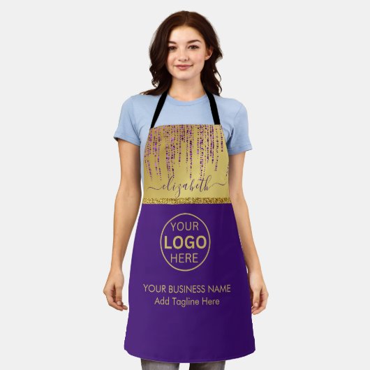 ホログラフィック署名スクリプトモダン金ゴールドグリッター エプロン (着用した状態)