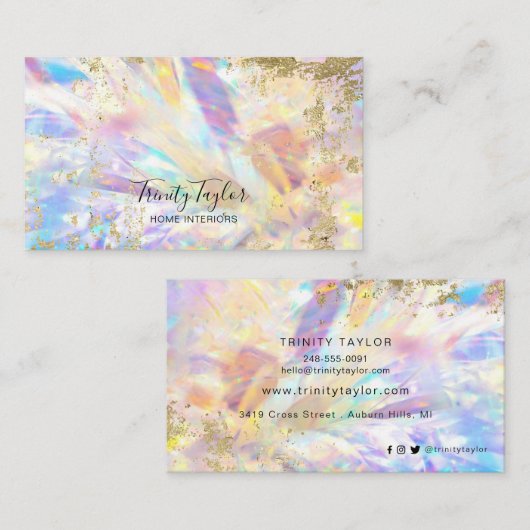 ホログラフィック虹と金ゴールドフェイクリーフ   名刺 (正面/裏面)