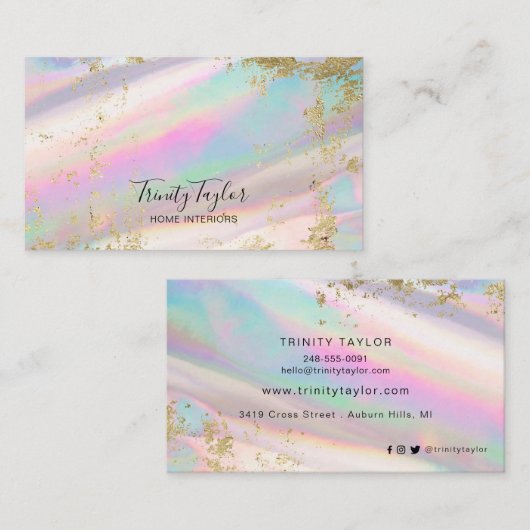 ホログラフィック虹と金ゴールドフェイクリーフ  名刺 (正面/裏面)