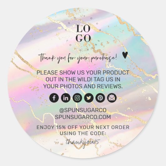 ホログラフィック虹彩色オパール宝石ビジネスありがとう ラウンドシール (正面)