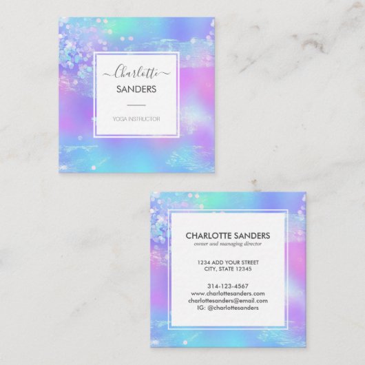 ホログラフィック虹色きらめくグリッター スクエア名刺 (正面/裏面)