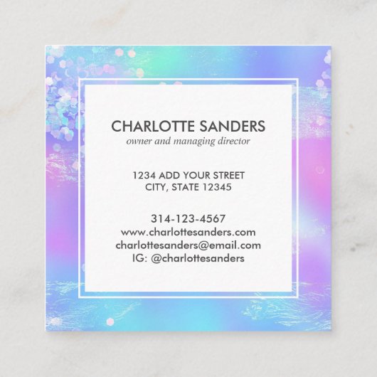 ホログラフィック虹色きらめくグリッター スクエア名刺 (裏面)