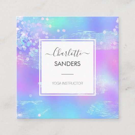 ホログラフィック虹色きらめくグリッター スクエア名刺 (正面)