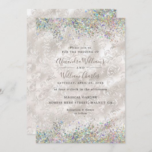 ホログラフィック輝くグリッターエレガントアイボリー結婚ズ 招待状 (正面/裏面)