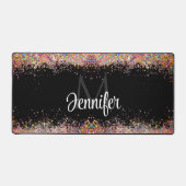 ホログラフィック金ゴールドグリッターモノグラムブラックスパークリー デスクマット (正面)