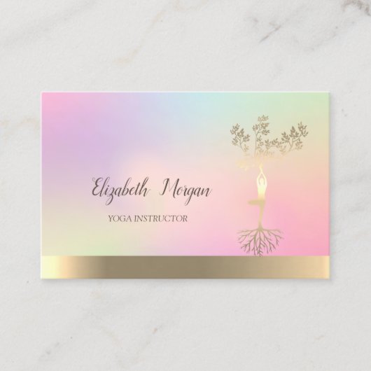 ホログラフィック金ゴールドツリー女性シルエットヨガ 名刺 (正面)