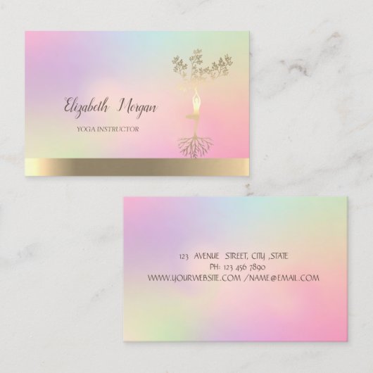 ホログラフィック金ゴールドツリー女性シルエットヨガ 名刺 (正面/裏面)