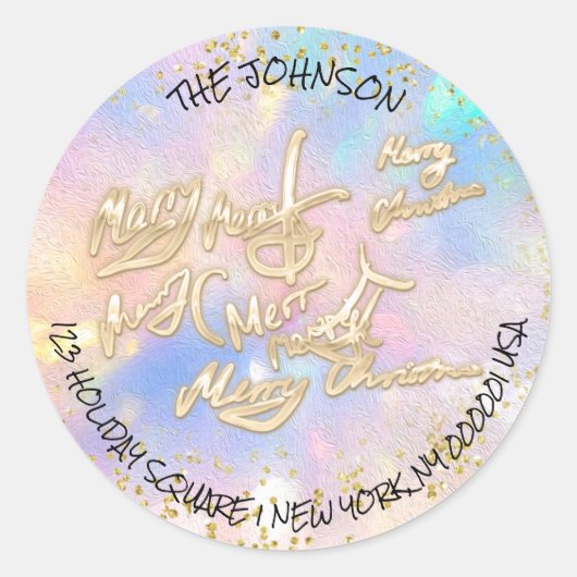 ホログラフィック金ゴールドメリークリスマスRSVP名アドレス ラウンドシール (正面)