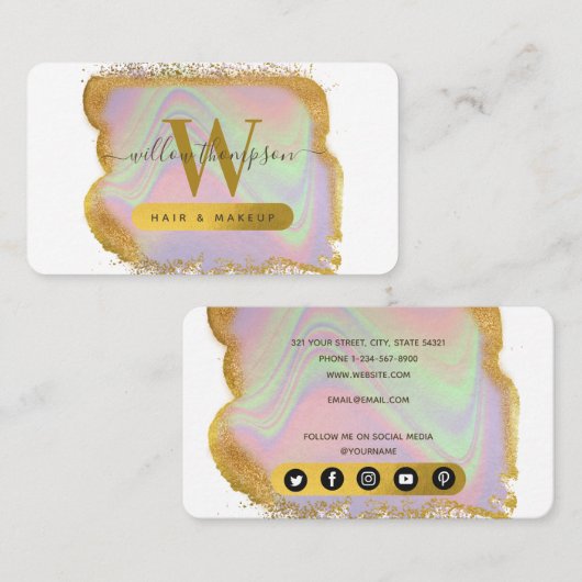 ホログラフィック金ゴールドモダングリッターヘア&メイクアップ 名刺 (正面/裏面)