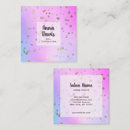 ホログラフィック金ゴールド紙吹雪ドットネイリスト スクエア名刺 (正面/裏面)