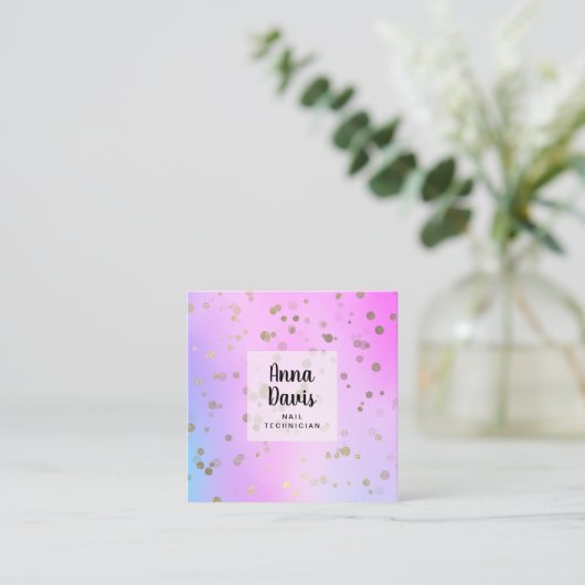 ホログラフィック金ゴールド紙吹雪ドットネイリスト スクエア名刺 (スタンド正面)