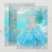 ホログラフィック キンセアニエラ アクアブルー 水彩ドレス 招待状 (正面/裏面)