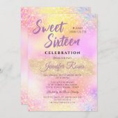 ホログラフィック グリッターが煌く スウィート16 ガーリー モダン 招待状 (正面/裏面)