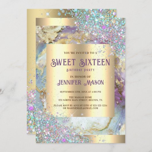 ホログラフィック グリッター モダン ゴールド マーブル スウィート 16 招待状 (正面/裏面)