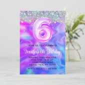 ホログラフィック グリッター 6歳 誕生日 ガール ピンク パープル 招待状 (スタンド正面)