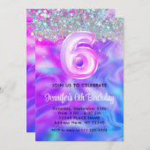 ホログラフィック グリッター 6歳 誕生日 ガール ピンク パープル 招待状 (正面/裏面)