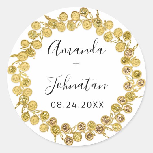 ホログラフィック シンプル ネーム 日付 ブラック ゴールド リース ラウンドシール (正面)