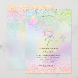 ホログラフィック スウィート 15 ピンク ダイヤモンド グリッター 招待状