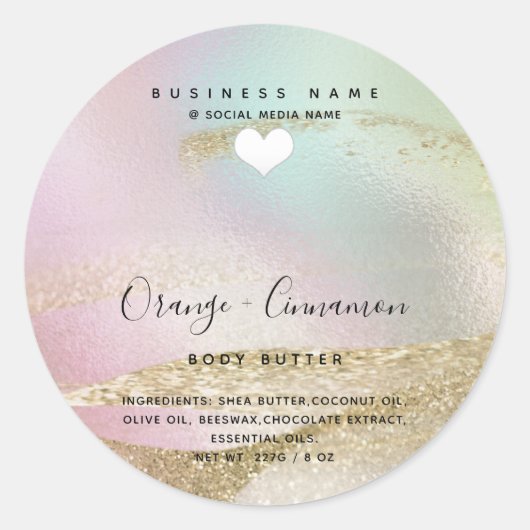 ホログラフィック タイポグラフィ 白いハート ボディ バター C ラウンドシール (正面)