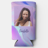 ホログラフィック ピンク パープル フォト ネーム スリム缶クーラー (正面)