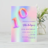 ホログラフィック ピンク パープル 10歳の誕生日 招待状 (スタンド正面)