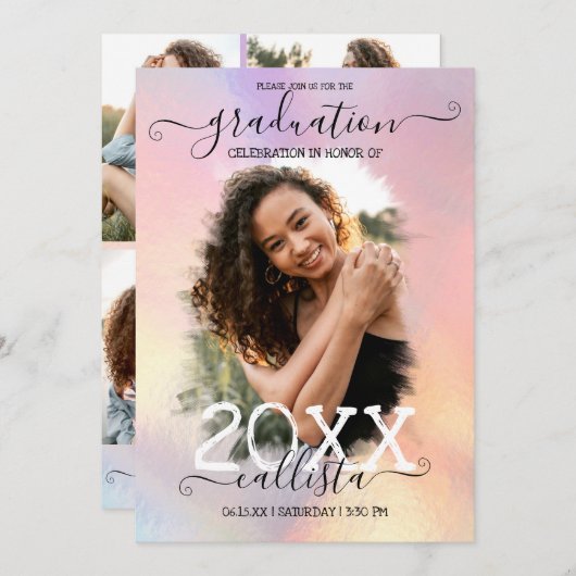 ホログラフィック・ホイル・ハロー・フォト・コラージュ　卒業式 招待状 (正面/裏面)