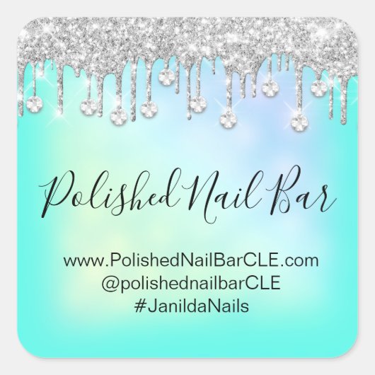 ホログラフィック ミント ブルー ダイヤモンド ドリップス ネイル バー スクエアシール (正面)