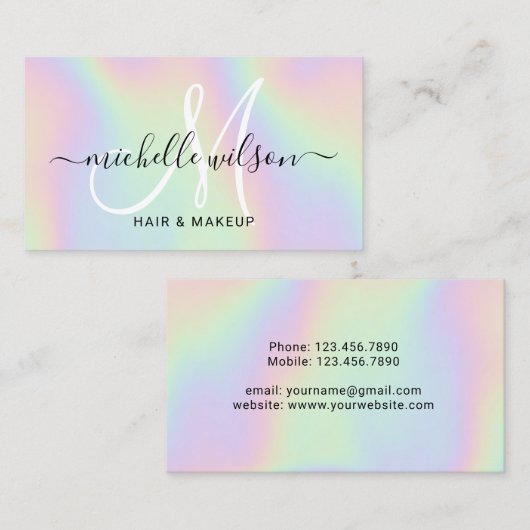 ホログラフィック・モノグラム・スクリプト・メイクアップ&ヘア・サロン 名刺 (正面/裏面)