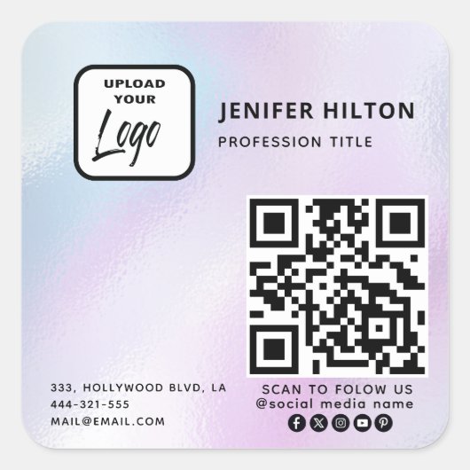 ホログラフィックqrコードロゴソーシャルメディア スクエアシール (正面)