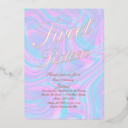 ホログラフィックSweet sixteenカラフル金ゴールド押し込み 箔招待状 (正面)