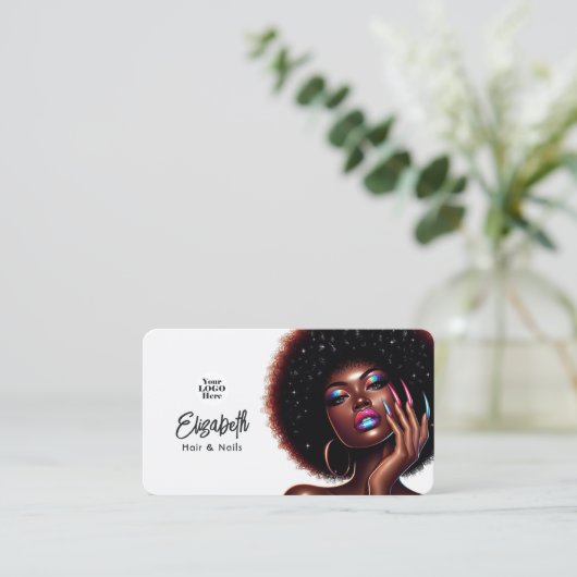 ホログラフィフェイクックアフロクイーンヘアと爪、 ネイルサロン 名刺 (スタンド正面)