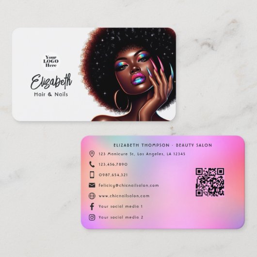 ホログラフィフェイクックアフロクイーンヘアと爪、 ネイルサロン 名刺 (正面/裏面)