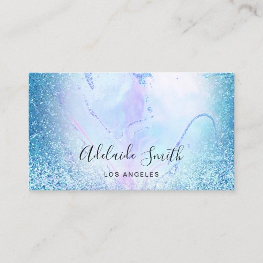 ホログラフィフェイクックブルーグリッター大理石 名刺 (正面)