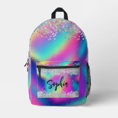 ホログラフィモダンックグリッターカラフルレインボートレンディー プリントバックパック (正面)