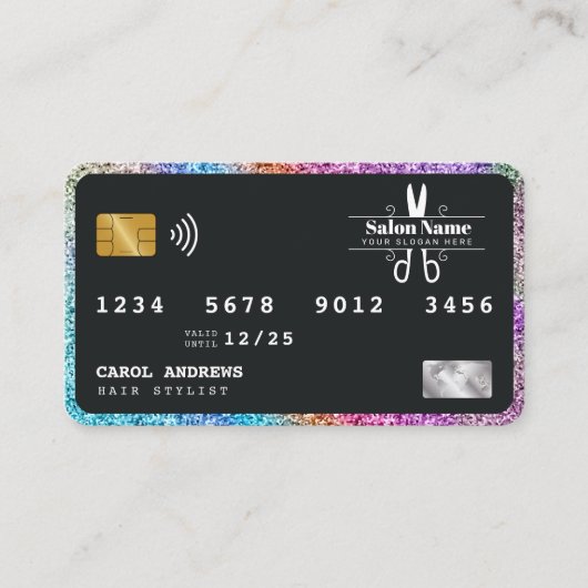 ホログラフィモダンックグリッタークレジットカードヘアサロン 名刺 (正面)