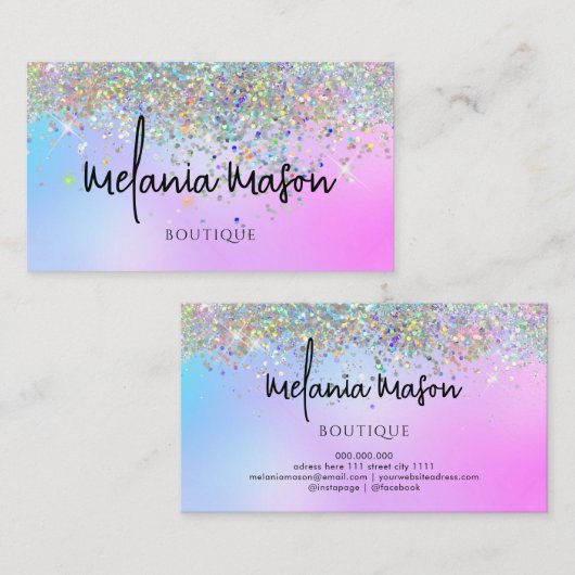 ホログラフィモダンックグリッターパープルブティックショップ 名刺 (正面/裏面)