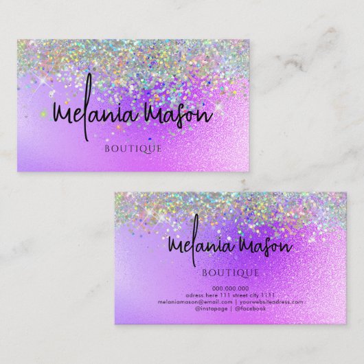 ホログラフィモダンックグリッターブティックショップパープル 名刺 (正面/裏面)