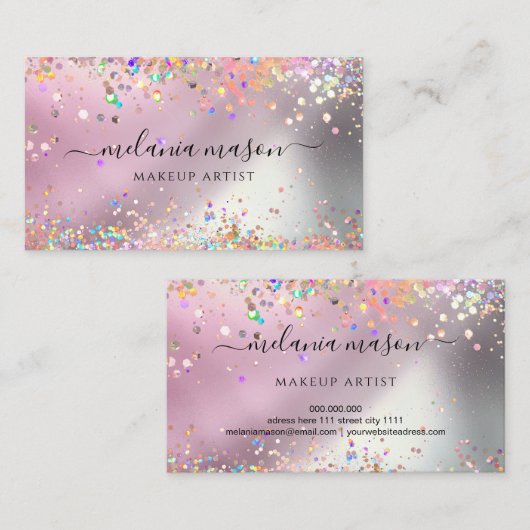 ホログラフィモダンックグリッターメイクアップアーティストピンク 名刺 (正面/裏面)