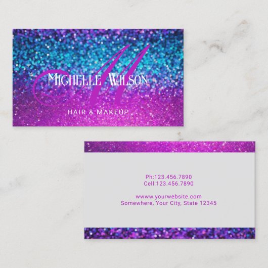 ホログラフィモダンックグリッターモノグラムスクリプトサロン 名刺 (正面/裏面)