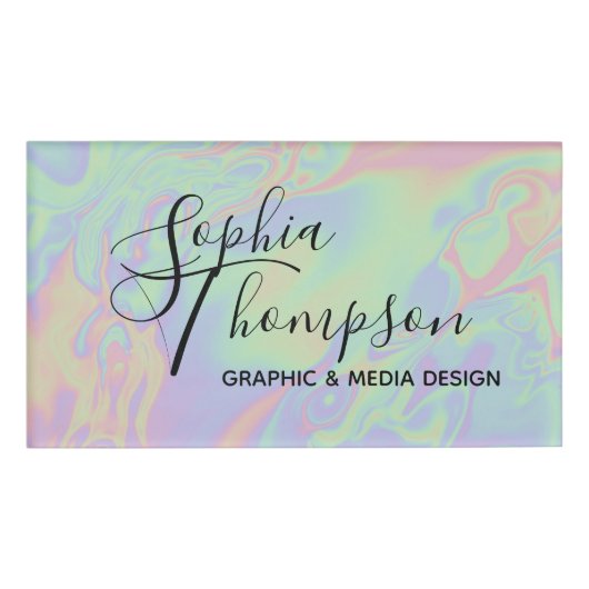 ホログラフィモダンックスクリプトレインボーパステル名タグ 名札 (正面)