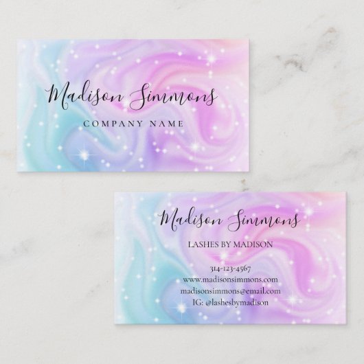 ホログラフィモダンックパープルブルーグリッターシックなスクリプト 名刺 (正面/裏面)