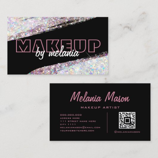 ホログラフィモダンックピンクグリッターブラックQrコード 名刺 (正面/裏面)