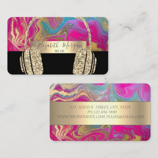 ホログラフィモダンックブラック金ゴールドグリッターヘッドホンDJ 名刺 (正面/裏面)