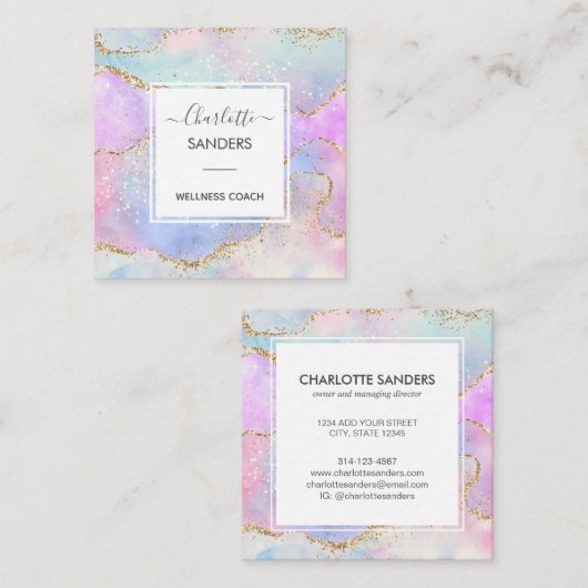 ホログラフィモダンックレインボー金ゴールドグリッター スクエア名刺 (正面/裏面)