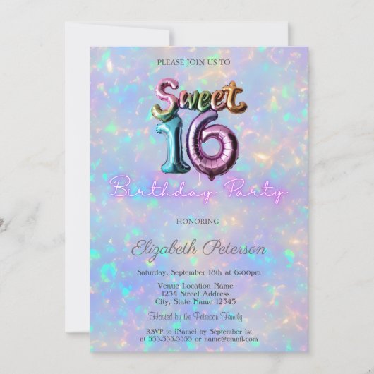 ホログラフィモダンック虹彩色バルーン甘い16 招待状 (正面)